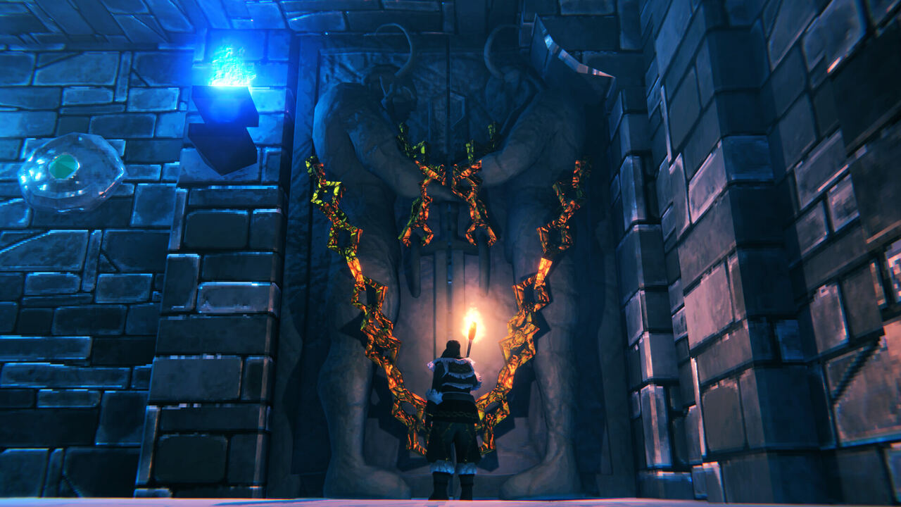 Valheim base at night, official screenshot